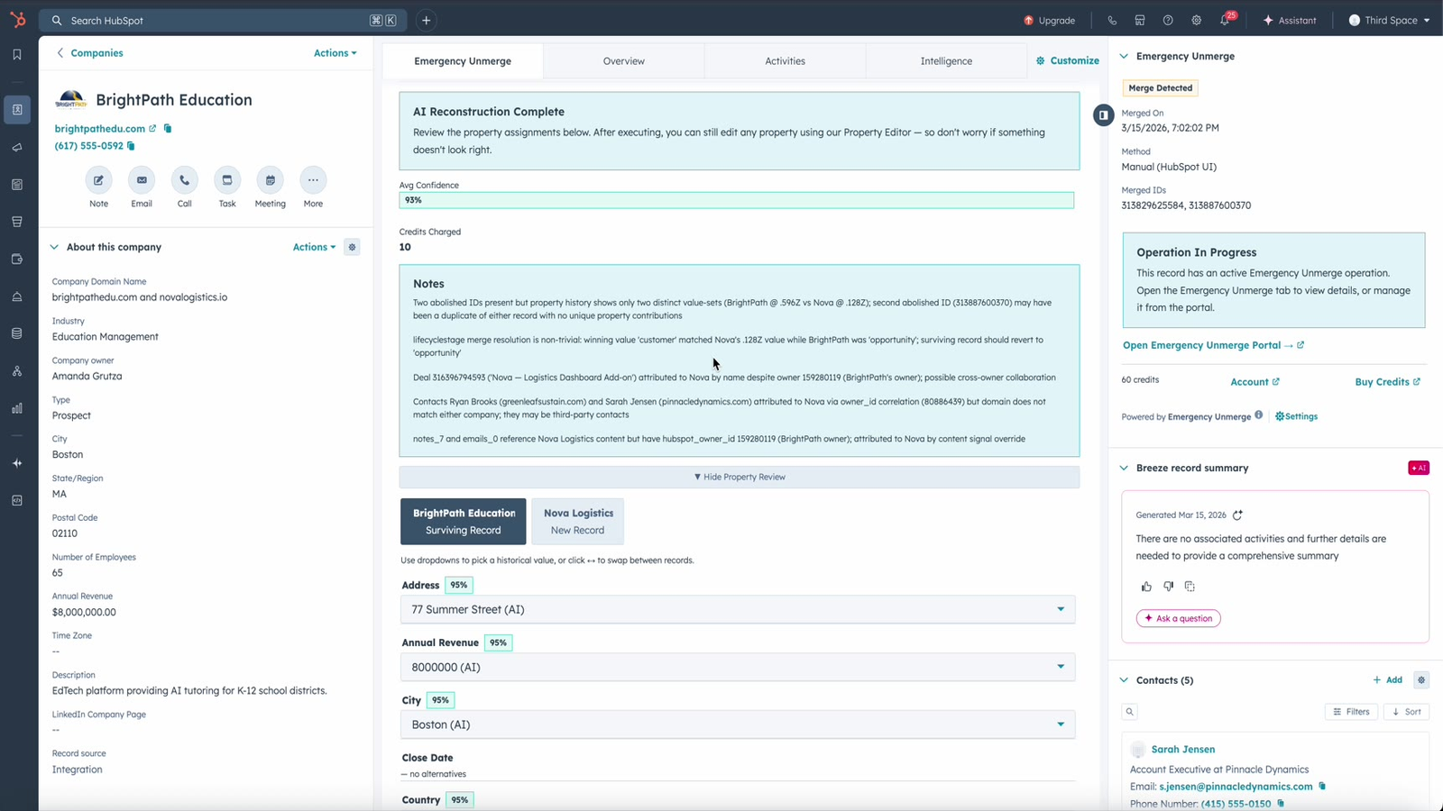 AI reconstruction showing two records side by side with per-field confidence scores