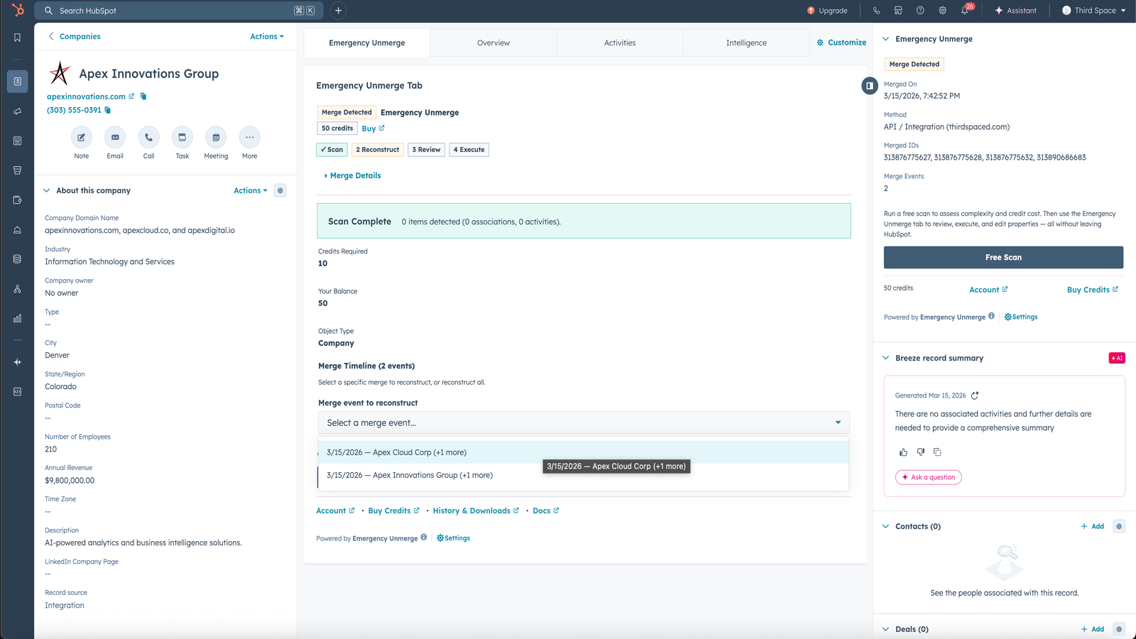 Chain merge timeline showing multiple merge events with selective undo options