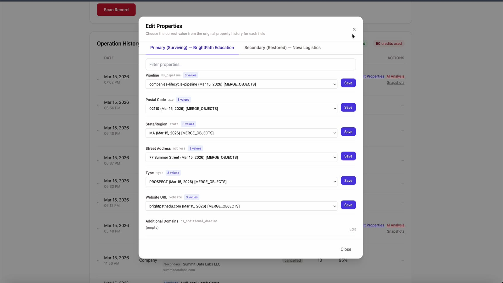 Property editor showing historical values from HubSpot for quick post-unmerge corrections
