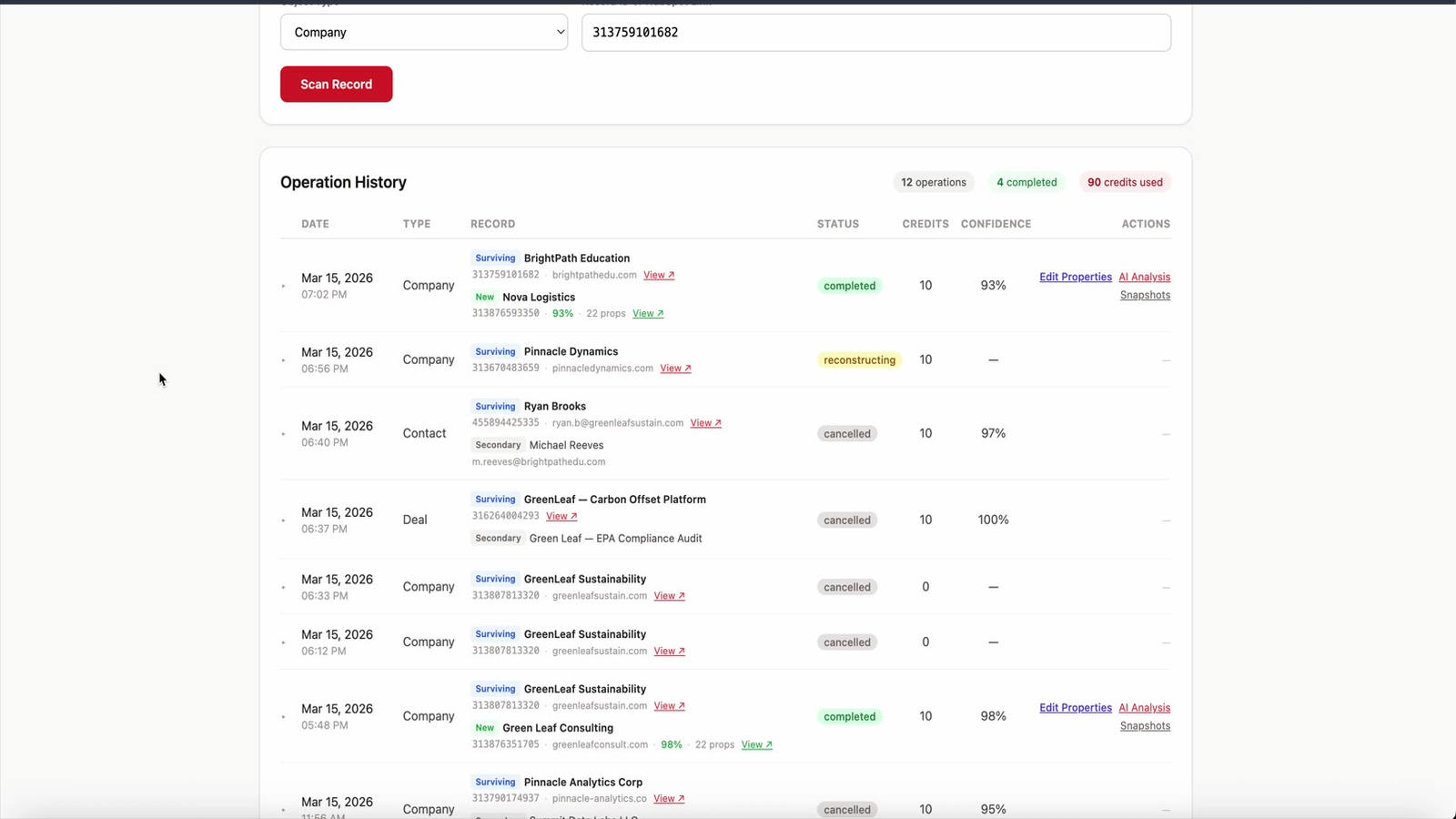 Operation history showing recovery snapshot downloads and audit trail