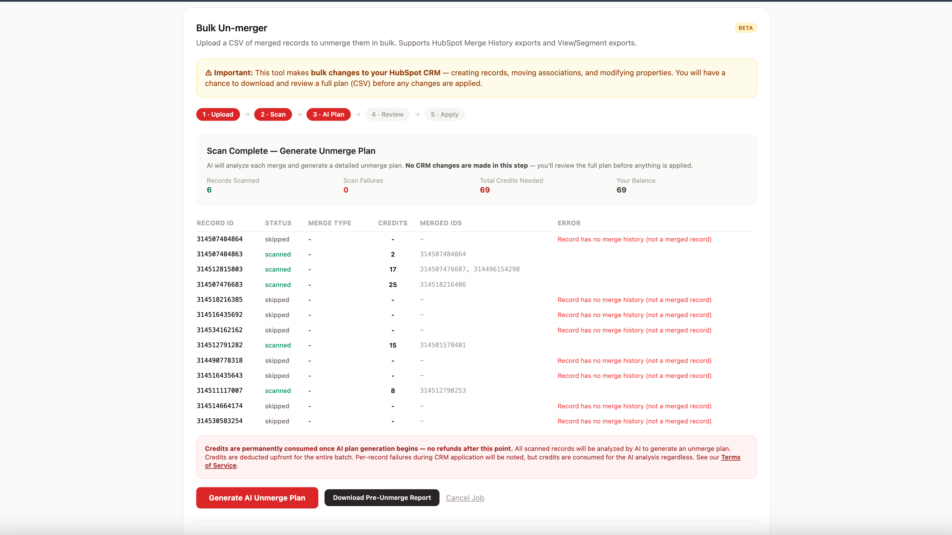 Bulk Merge Page showing scanned items from the import