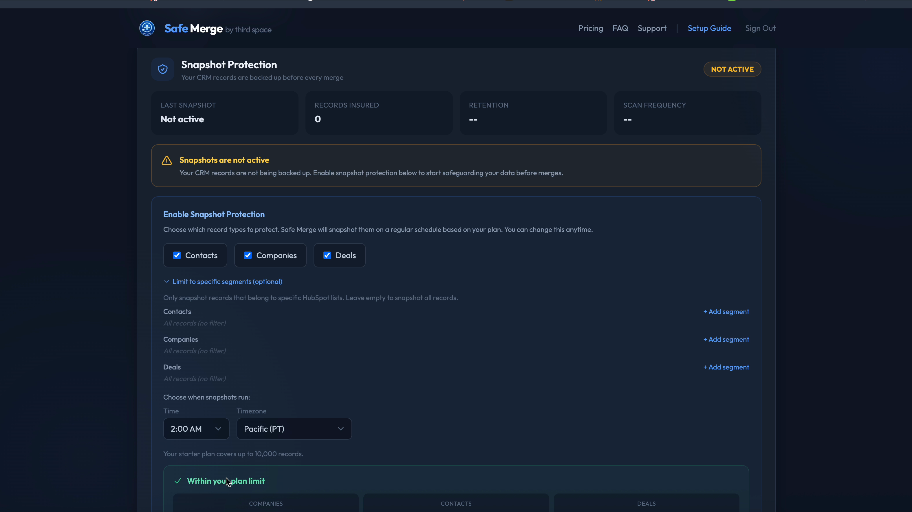 Safe Merge snapshot protection settings
