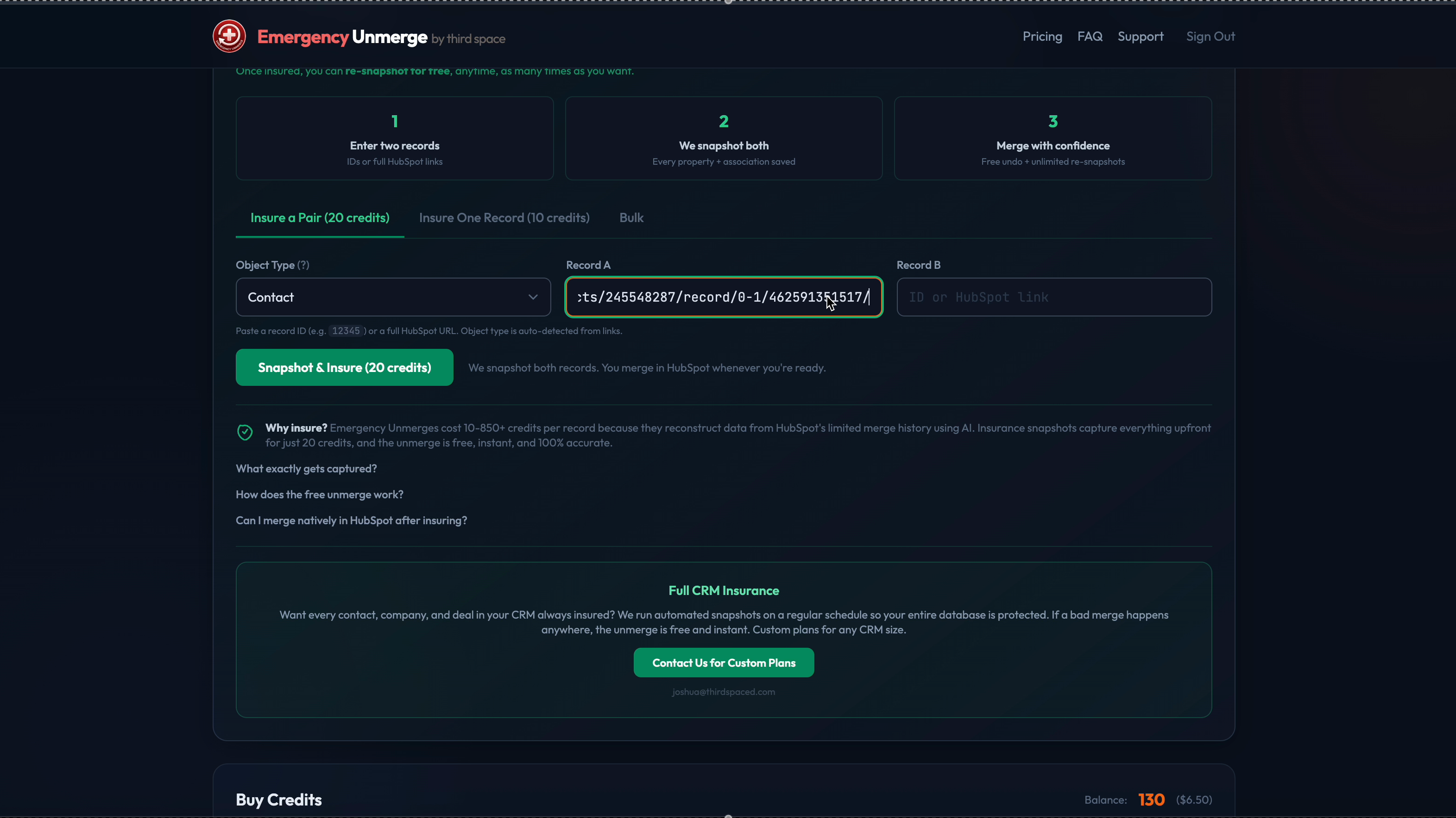"Insure a Pair" tab, record input, "Snapshot & Insure" button, FAQ section, and "Full CRM Insurance"