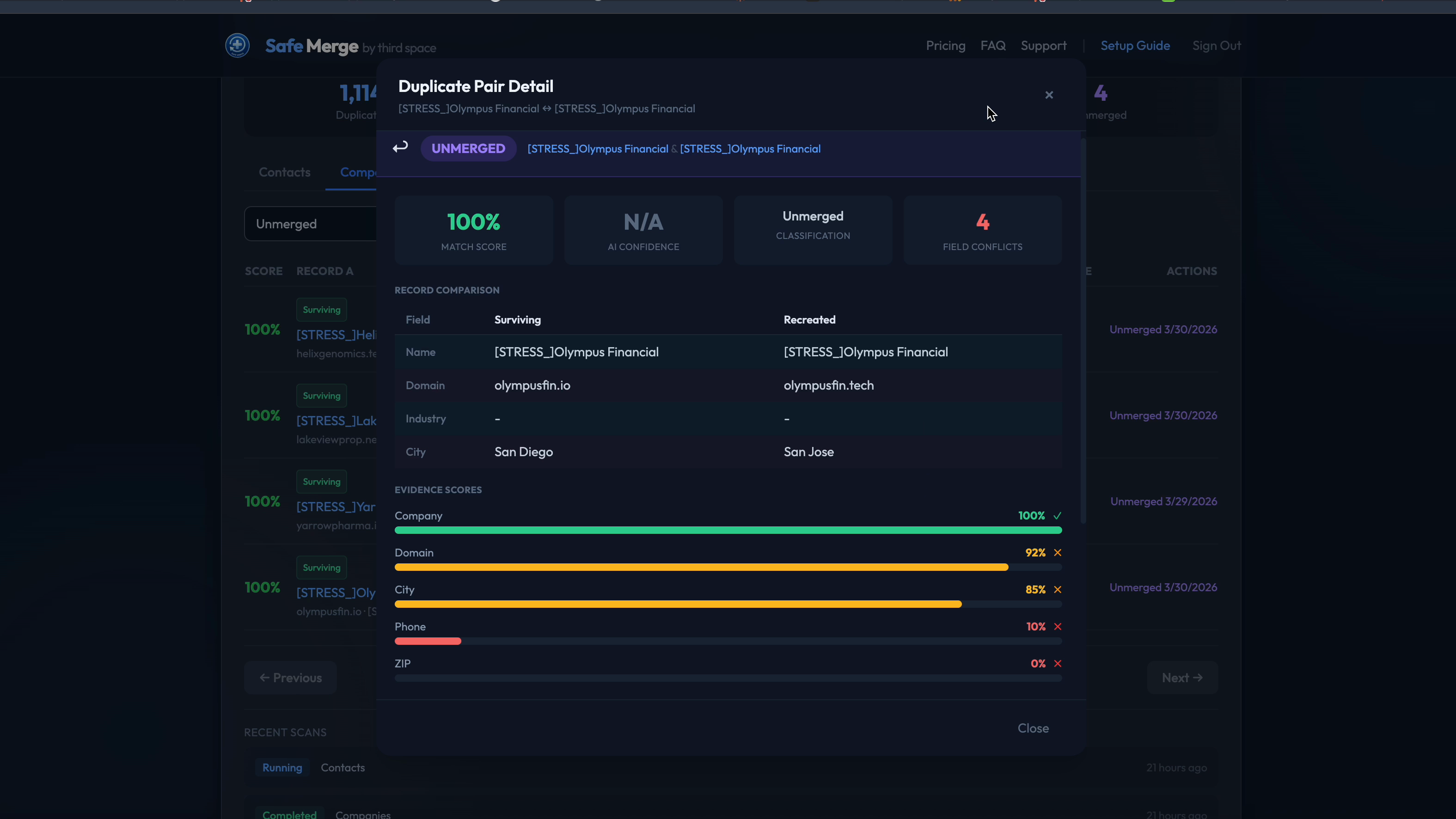 Safe Merge unmerge complete showing 100% fidelity restoration with surviving and recreated record comparison
